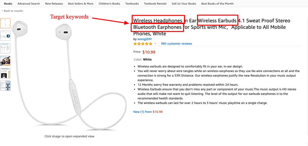 Amazon target keyword placement example